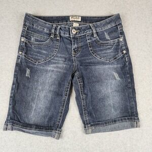 Mudd Womens Bermuda Denim Shorts Dark Wash Distressed Embroidered Size 11